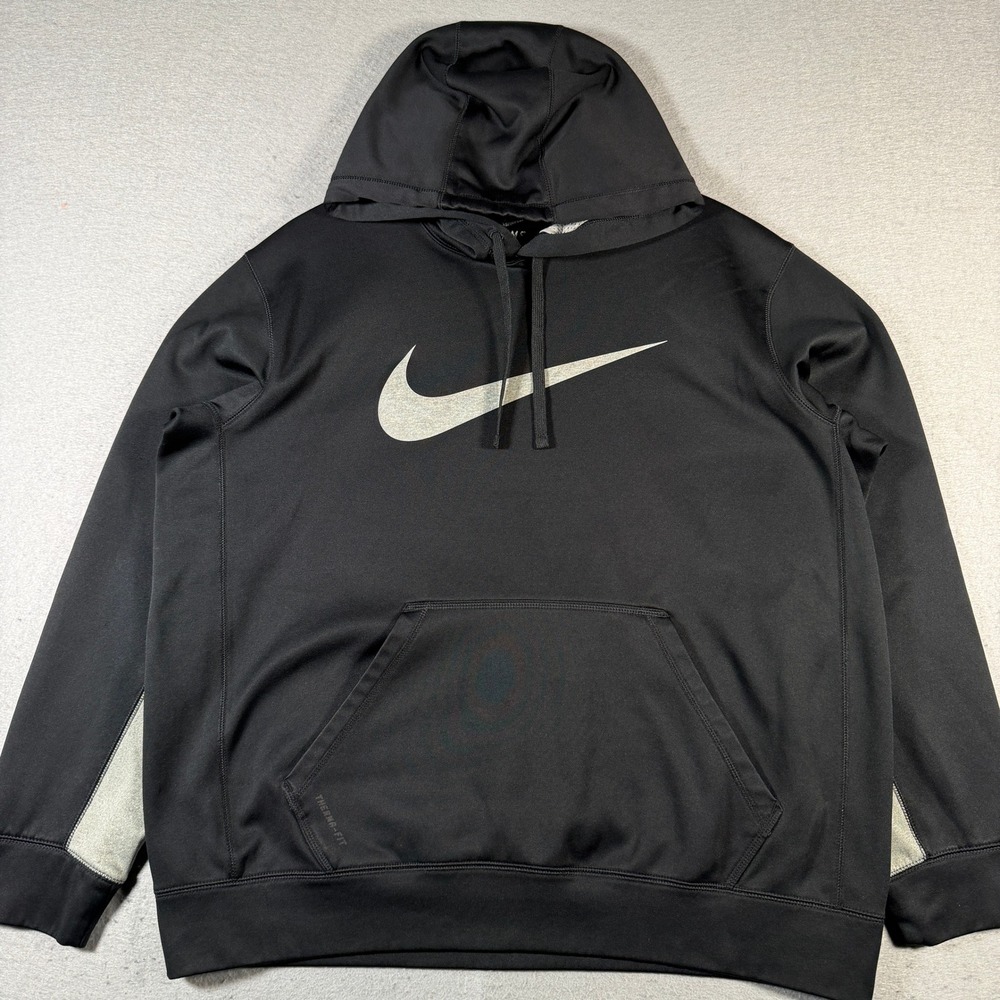 Nike Therma-FIT Hoodie Mens Large Black‎ Silver Swoosh Pullover 480085-010